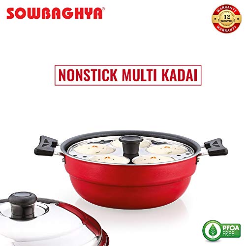 Sowbaghya Non Stick Induction Base Multi Kadai (2 Idli Plates + 1 Steamer Plate) (Dia: 250mm) (Thickness: 3mm) (3Ltr) | All-in-One Idli Cooker Multi Kadhai Steamer | Idli Maker with Steamer - Image 3