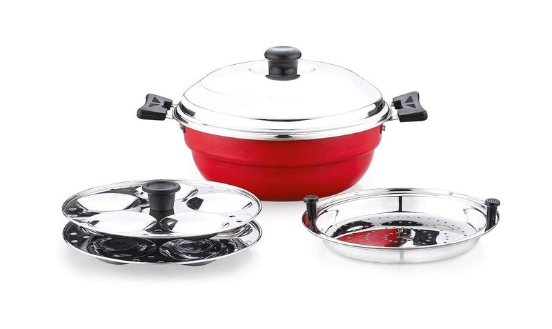 Sowbaghya Non Stick Induction Base Multi Kadai (2 Idli Plates + 1 Steamer Plate) (Dia: 250mm) (Thickness: 3mm) (3Ltr) | All-in-One Idli Cooker Multi Kadhai Steamer | Idli Maker with Steamer - Image 1