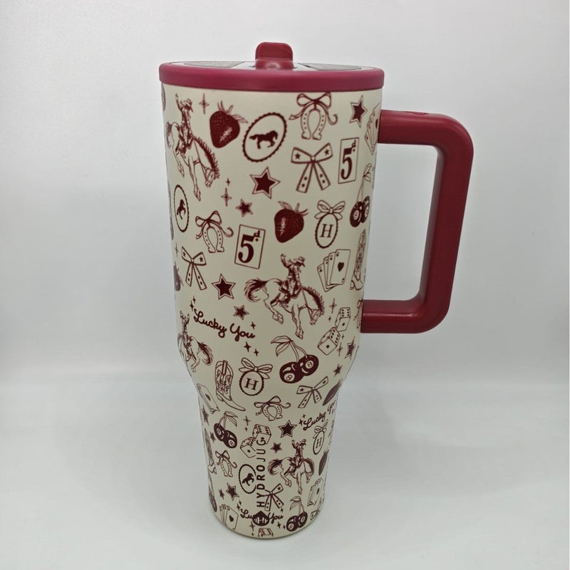 32OZ/40OZ Large Capacity Insulated Car Cup with Handle and Leak-Proof Lid, 304 Stainless Steel Thermal Tumbler, Red Strawberry