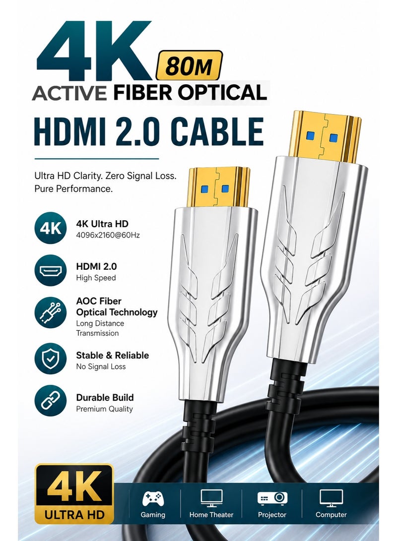 HD 4K HDR Active Fiber Optical Cable (AOC) HDMI 2.0 Cable 80M | 18Gbps High Speed | Ultra HD Video & Audio | Long Distance HDMI Cable for TV, Monitor, Projector, PC & Gaming Console - Image 1