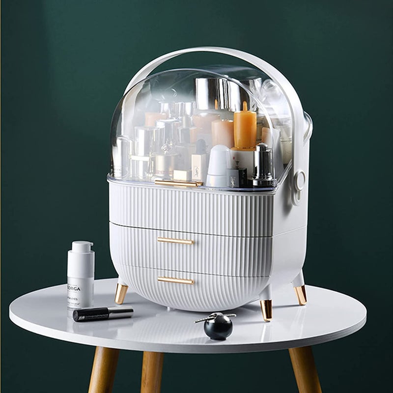 Ritmo منظم مكياج ريتمو صندوق تخزين مستحضرات التجميل مع غطاء مضاد للغبار مقبض محمول، غطاء مقاوم للماء يفتح بالكامل، أدراج مضادة للغبار، رائع لسطح الحمام أو تسريحة النوم (أبيض) - Image 1