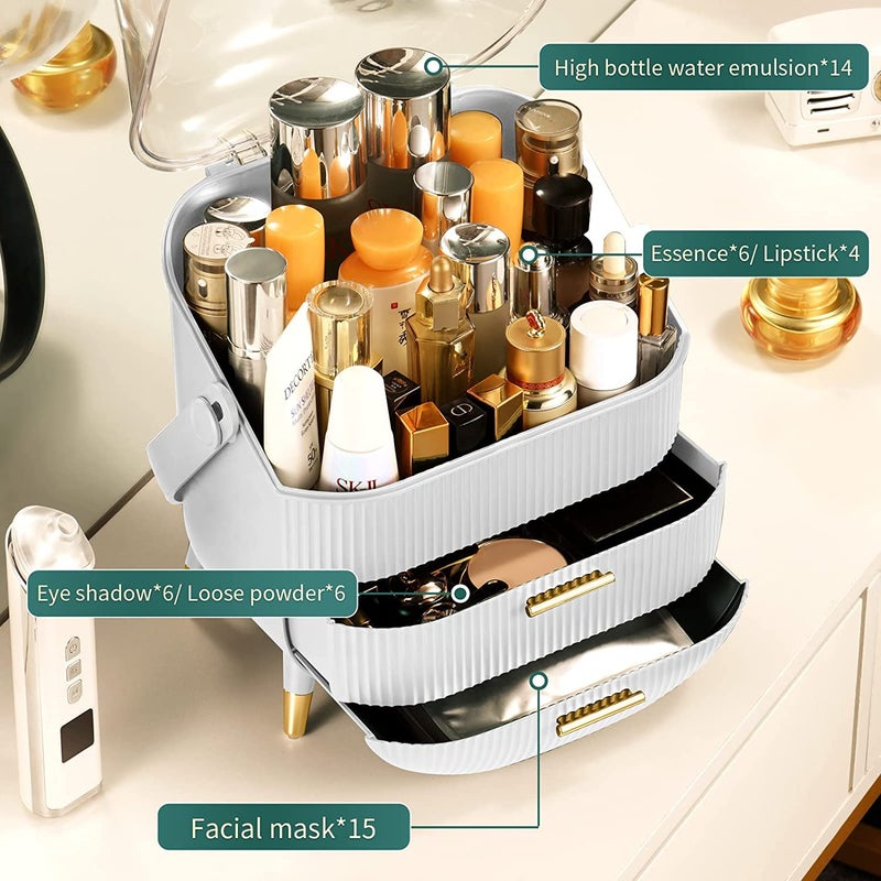 Ritmo منظم مكياج ريتمو صندوق تخزين مستحضرات التجميل مع غطاء مضاد للغبار مقبض محمول، غطاء مقاوم للماء يفتح بالكامل، أدراج مضادة للغبار، رائع لسطح الحمام أو تسريحة النوم (أبيض) - Image 2