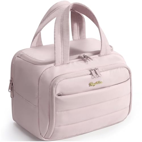 Bagstellar Travel Toiletry Bag for Women, Lightweight Large Quilted Puffy Makeup Bag Wide-open Make up Organizer Cloud Cosmetic Bag w/Handle for Traveling Toiletries Essentials Accessories Light Pink - Image 1