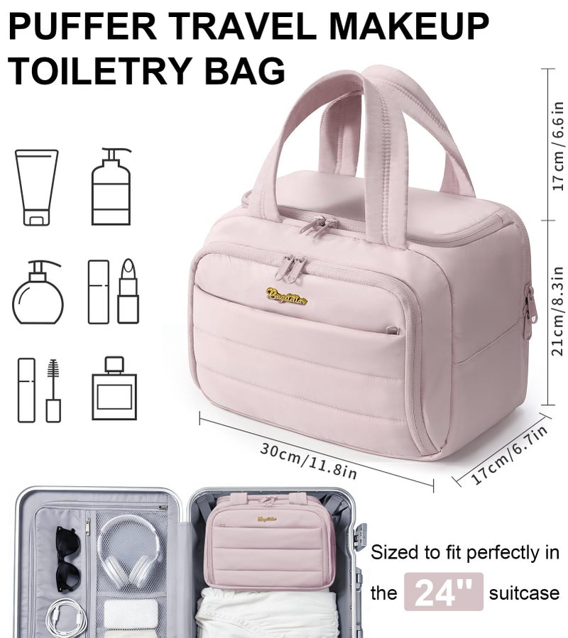 Bagstellar Travel Toiletry Bag for Women, Lightweight Large Quilted Puffy Makeup Bag Wide-open Make up Organizer Cloud Cosmetic Bag w/Handle for Traveling Toiletries Essentials Accessories Light Pink - Image 2
