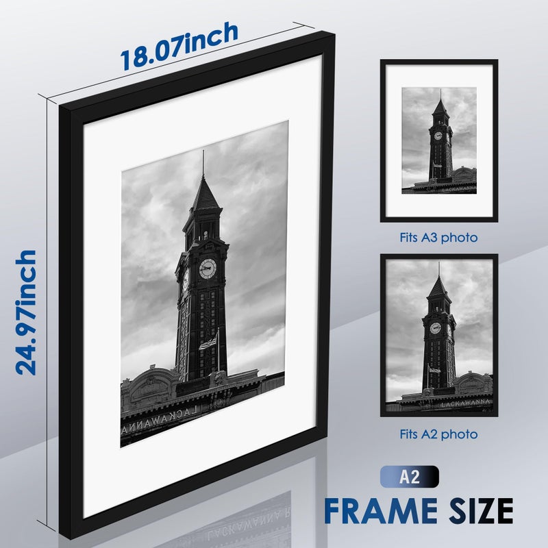 Wiscet A2 Picture Frame Set of 3, Display Pictures 11.7x16.5 with Mat or 16.5x23.4 Poster Frame Without Mat, Wall Gallery Photo Frames, Black - Image 3