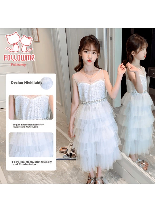 Fulomi Girls' Dress Cake Princess Dress Little Girls Tulle Cake Dress Medium And Large Children's Formal Dress White 130