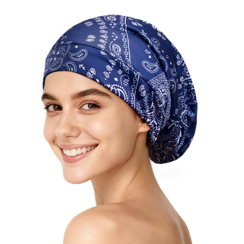 YFONG Mulberry Silk Hair Bonnet for Sleeping Women Men, Real Silk Lining, Not Satin, Stay On All Night Sleep Bonnet with Adjustable Strap for Curly Short Long Fine Hair, Blue - Image 1