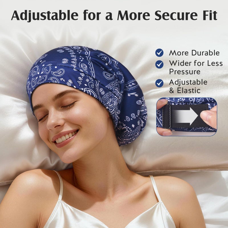 YFONG Mulberry Silk Hair Bonnet for Sleeping Women Men, Real Silk Lining, Not Satin, Stay On All Night Sleep Bonnet with Adjustable Strap for Curly Short Long Fine Hair, Blue - Image 4