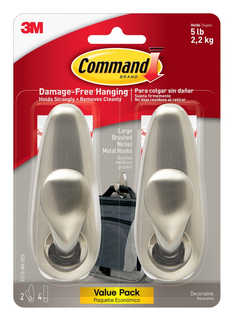 Command 5 lb Large Brushed Nickel Metal Hooks, 2 Coat Hooks and 4 Strips, Damage-Free Hanging with Adhesive, Great for Hanging Home and Room Decor - Image 1