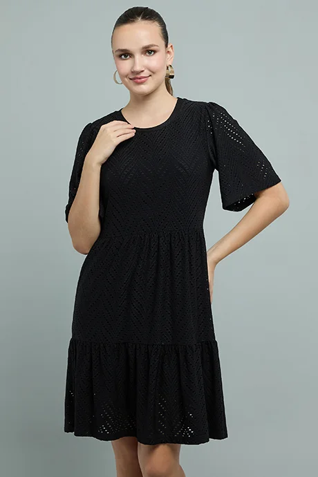 أر أند بي Schiffli Tiered Dress with Crew Neck and Short Sleeves