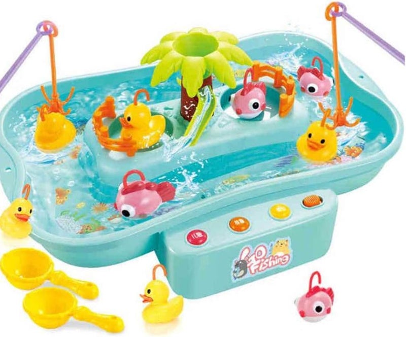 Fishing Game Set with Musical Fish and Duck Floating Water Table with Swirling Water Pond and Water Fishing Pole (Multicolor), Plastic - Image 2