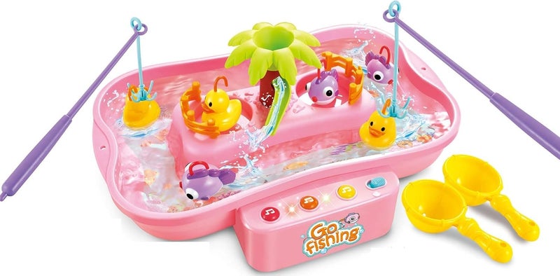 Fishing Game Set with Musical Fish and Duck Floating Water Table with Swirling Water Pond and Water Fishing Pole (Multicolor), Plastic - Image 1