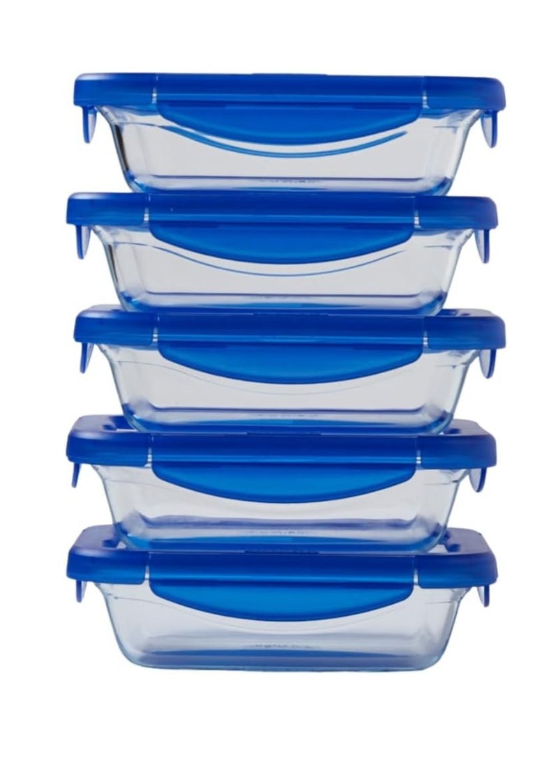 PYREX Cook & Go Set of 5 Rectangular Lunchboxes 0.8 L Borosilicate Glass Oven, Microwave and Dishwasher Safe Made in France Blue 1kg - Image 2