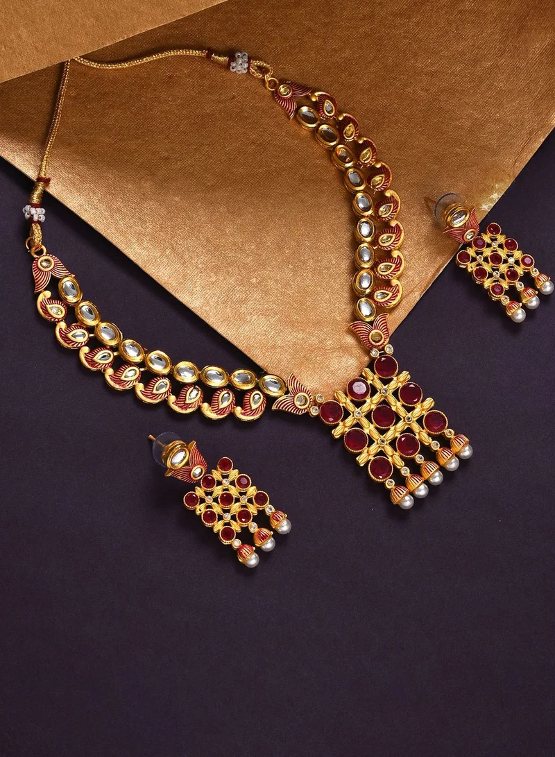 SOHI Gold Plated Designer Kundan Necklace and Earrings Set