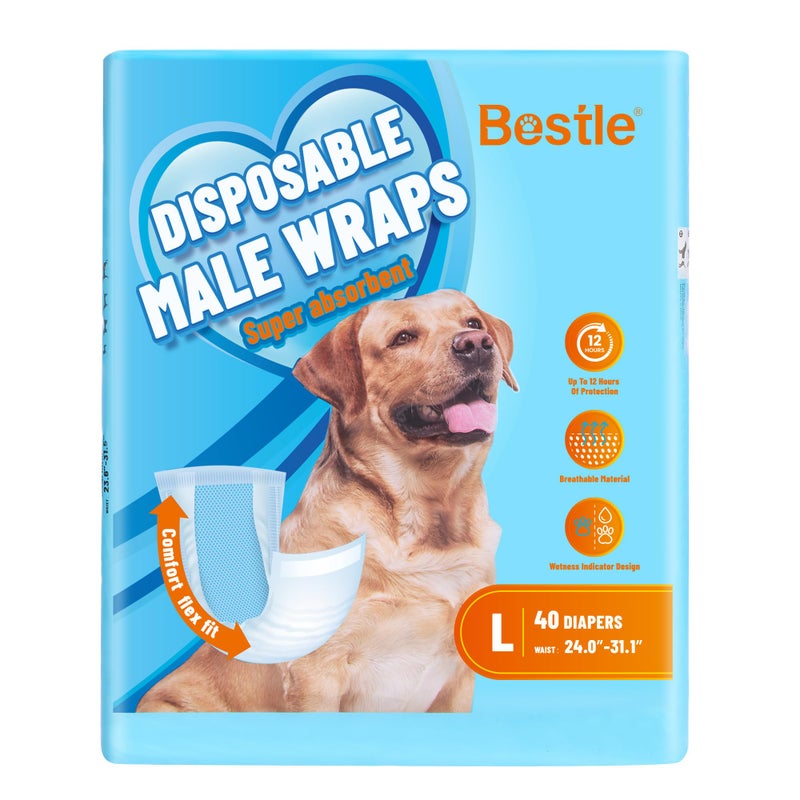 Bestle Male Dog Wrap, Disposable Dog Diapers, 40 Count, L (Waist 23.6â€-31.5â€), Wetness Indicator, Ultra Protection, Leak Proof, Super Absorbent, Soft - Image 1