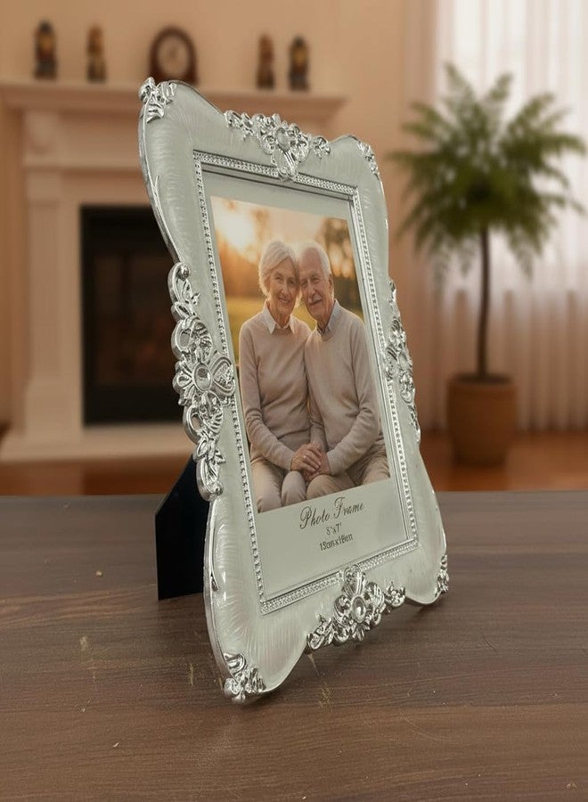 إطار صور فضي أبيض مزخرف، بتصميم زهري عتيق، مقاس 5×7 بوصة، ديكور زفاف، عرض على سطح الطاولة - Image 5