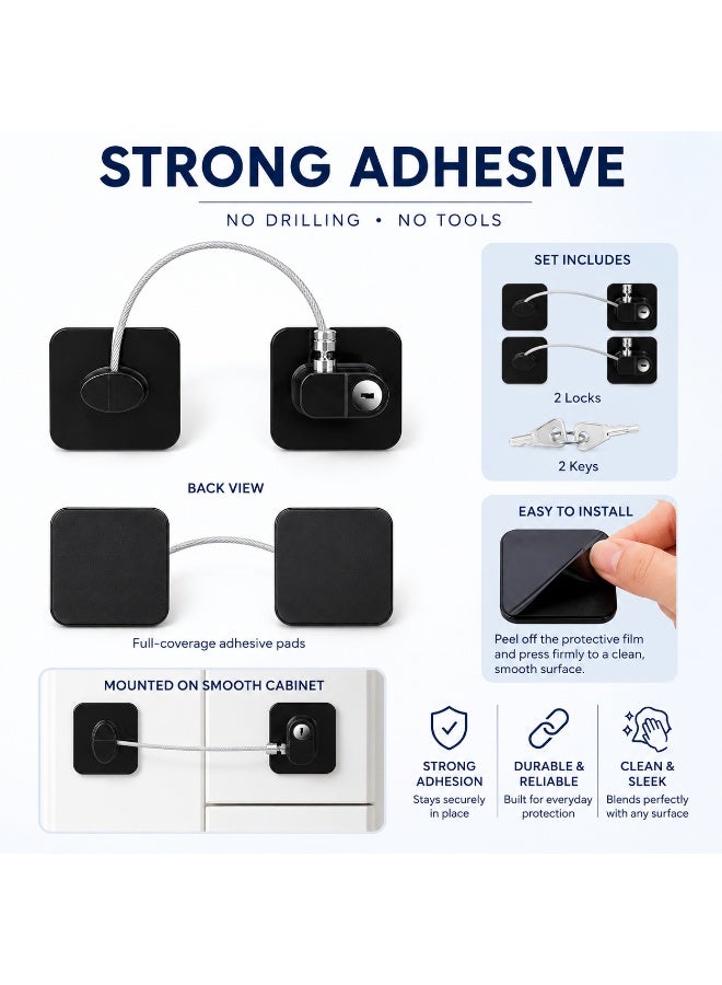 XINYIWA 2-Pack Child Safety Cable Locks with 2 Keys, Self-Adhesive Baby Proofing Locks for Refrigerator, Freezer, Window, Cabinet and Drawer, No Drilling, Black - Image 4
