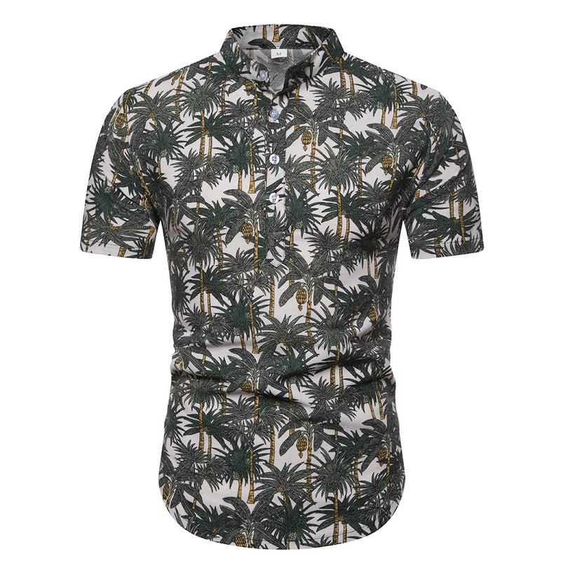 2019 Men's Cotton and Linen Vertical Collar Short-sleeved T-shirt Men's Floral Half-sleeved T-shirt for Men - Image 1
