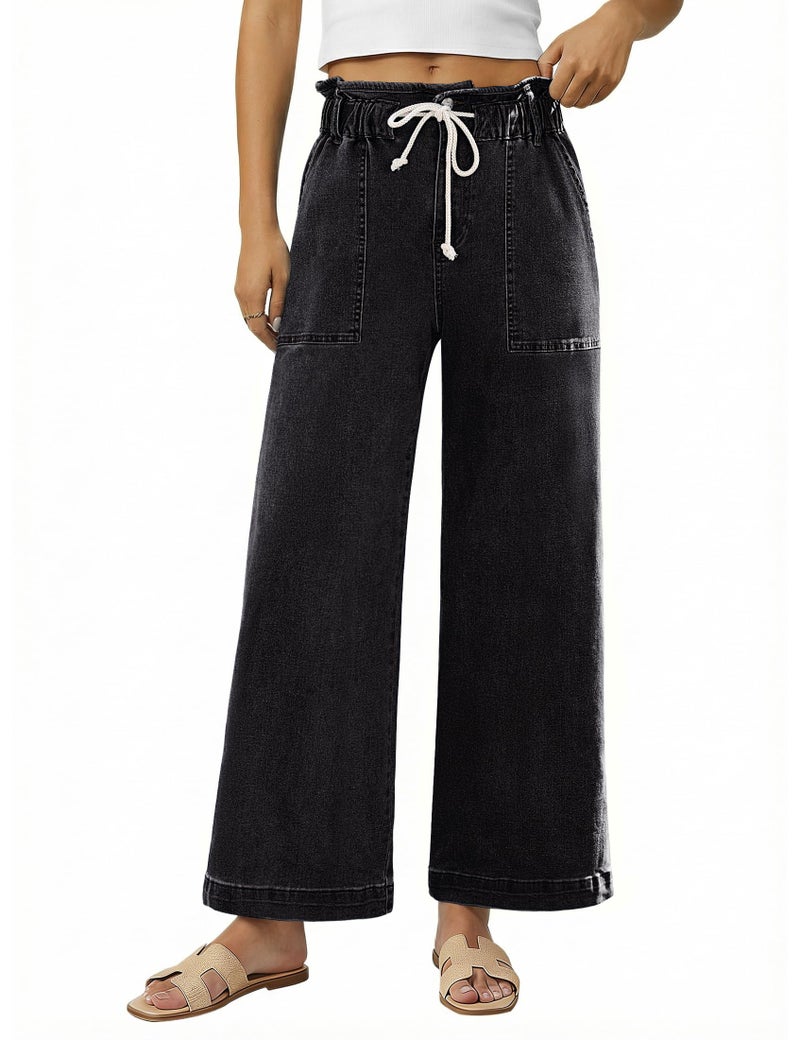 luvamia High Waisted Jeans for Women Womens Stretchy Jeans Paperbag Waist Pants Women Trendy Washed Black Size Medium Fits US 8-10 - Image 1