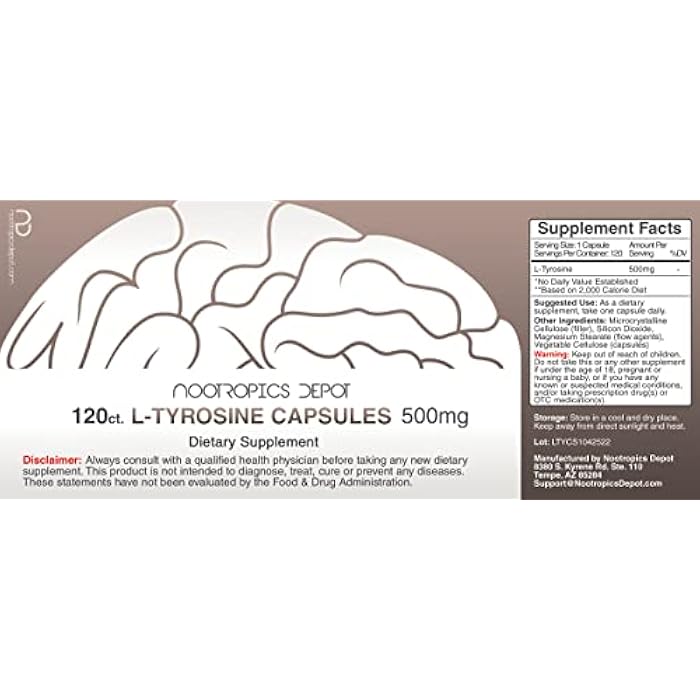 Nootropics Depot L-Tyrosine Capsules | 500mg | 120 Count | Amino Acid Supplement | Supports Healthy Stress Levels | Boosts Energy | Promotes Mental Alertness, Focus and Clarity - Image 2