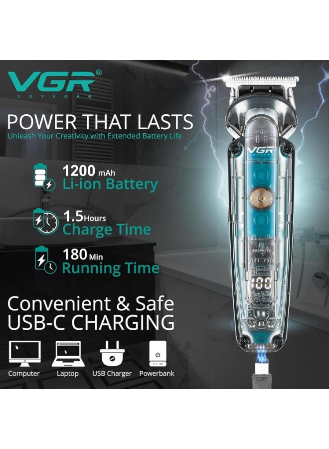 VGR Electric Beard Trimmer Men with Nose Hair Trimmer Attachment - USB-C - IPX6 Waterproof Washable - Cordless Clippers Rechargeable - 180 Min Battery - Male Grooming Kit Shaver - Bald Head - Image 2