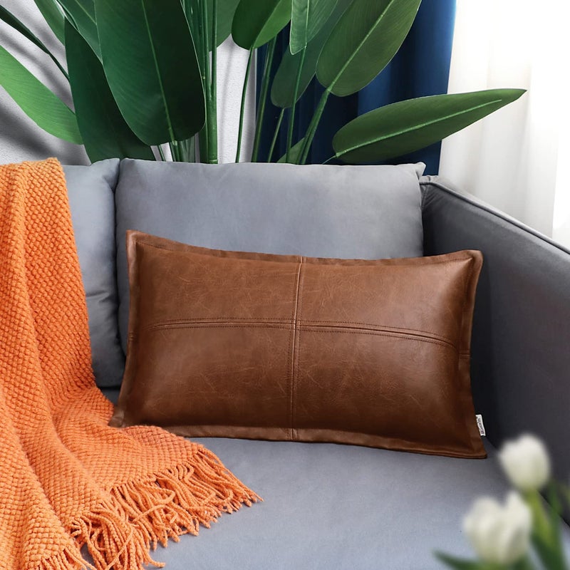 BRAWARM Brown Leather Throw Pillow 12 X 20 Inches, Faux Leather Pillow Cover with Piping, Hand Stitched Leather Decorative Lumbar Throw Pillow Covers for Couch Sofa Bed Living Room Garden - Image 2