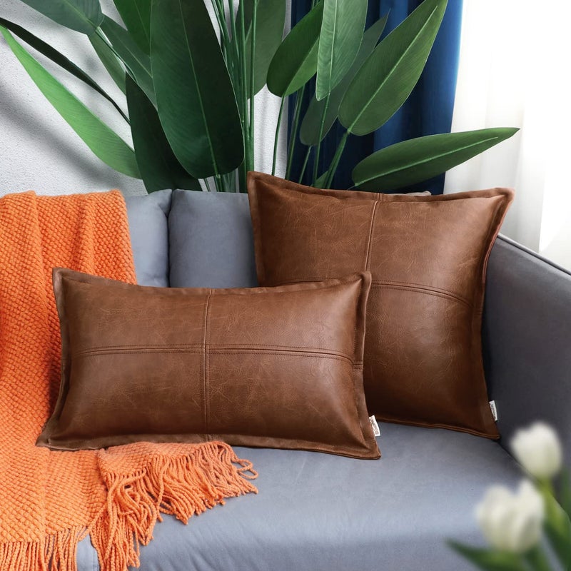 BRAWARM Brown Leather Throw Pillow 12 X 20 Inches, Faux Leather Pillow Cover with Piping, Hand Stitched Leather Decorative Lumbar Throw Pillow Covers for Couch Sofa Bed Living Room Garden - Image 3