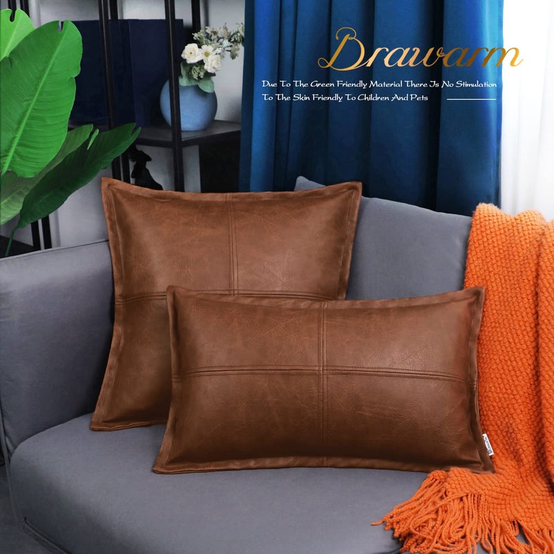 BRAWARM Brown Leather Throw Pillow 12 X 20 Inches, Faux Leather Pillow Cover with Piping, Hand Stitched Leather Decorative Lumbar Throw Pillow Covers for Couch Sofa Bed Living Room Garden - Image 5