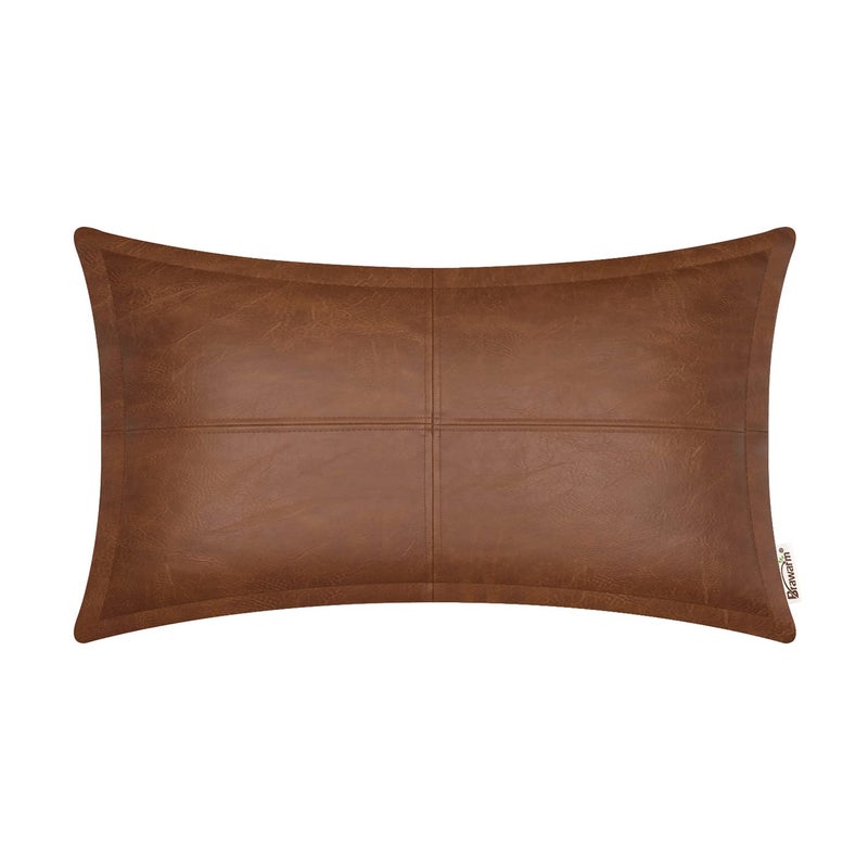 BRAWARM Brown Leather Throw Pillow 12 X 20 Inches, Faux Leather Pillow Cover with Piping, Hand Stitched Leather Decorative Lumbar Throw Pillow Covers for Couch Sofa Bed Living Room Garden - Image 1