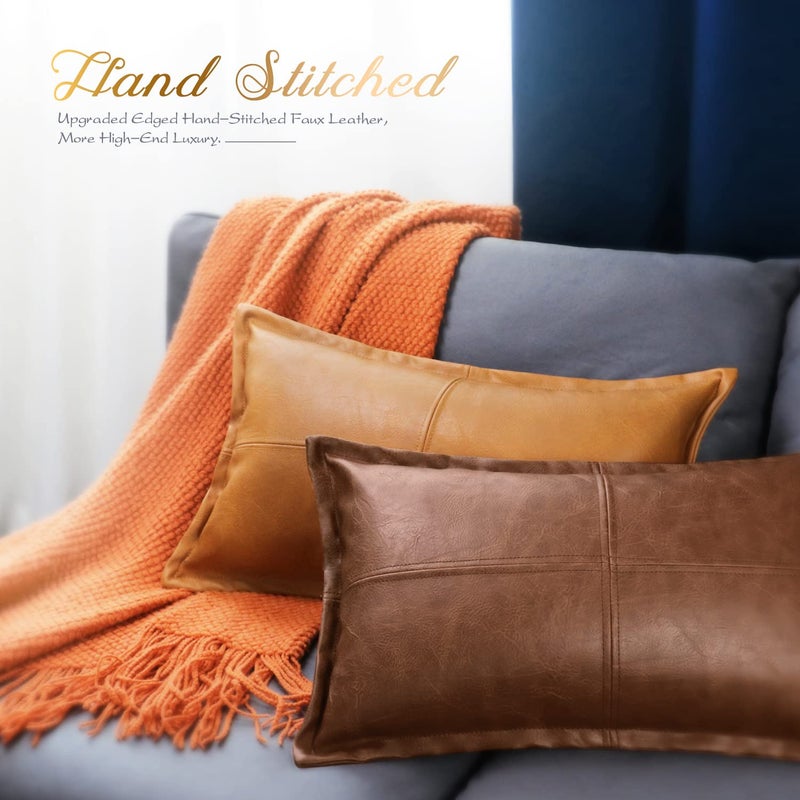 BRAWARM Brown Leather Throw Pillow 12 X 20 Inches, Faux Leather Pillow Cover with Piping, Hand Stitched Leather Decorative Lumbar Throw Pillow Covers for Couch Sofa Bed Living Room Garden - Image 4