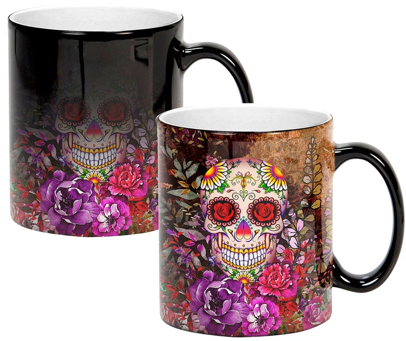 Sweet Gisele  Sugar Skull Ceramic Mug  Heat Activated  Color Changing Coffee Cup  Floral Pattern  Reveals Vivid Colors  Great Novelty Gift  Black  11 Fl Oz