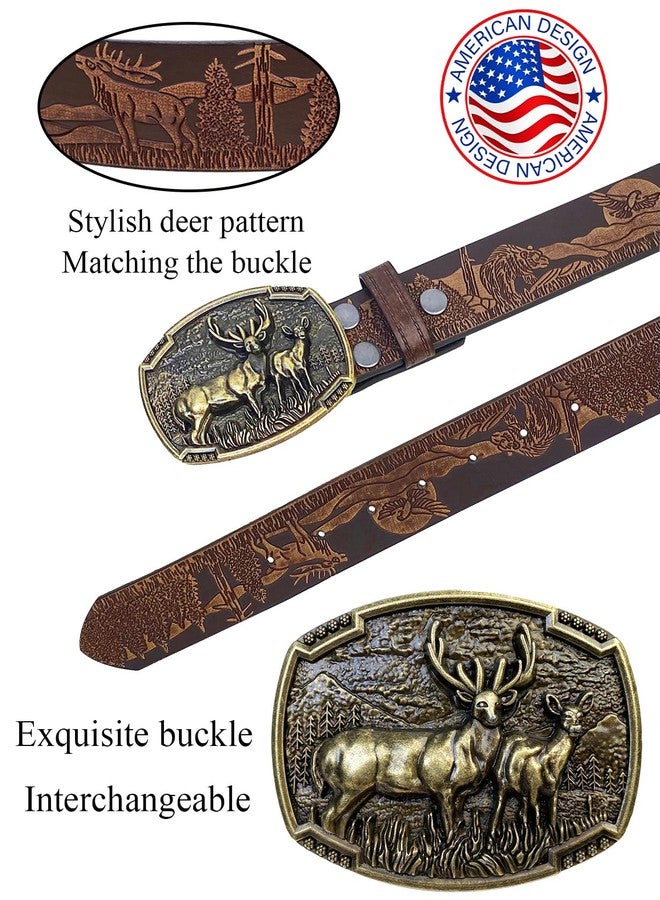 TOPACC Cowboy Belts for Men Women Deer Western Belt Buckle Dark Brown Leather Country Belt for Jeans Pants Christmas Gift - Image 2