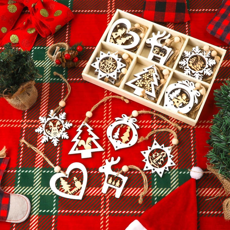 SYOSI Wooden Christmas Tree Ornaments, 3D Farmhouse Snowflake, Reindeer, Snowman Hanging Decorations, 6 Shapes Winter Xmas Crafts for Party, Holiday Tree Decor, 24 Pcs - Image 3