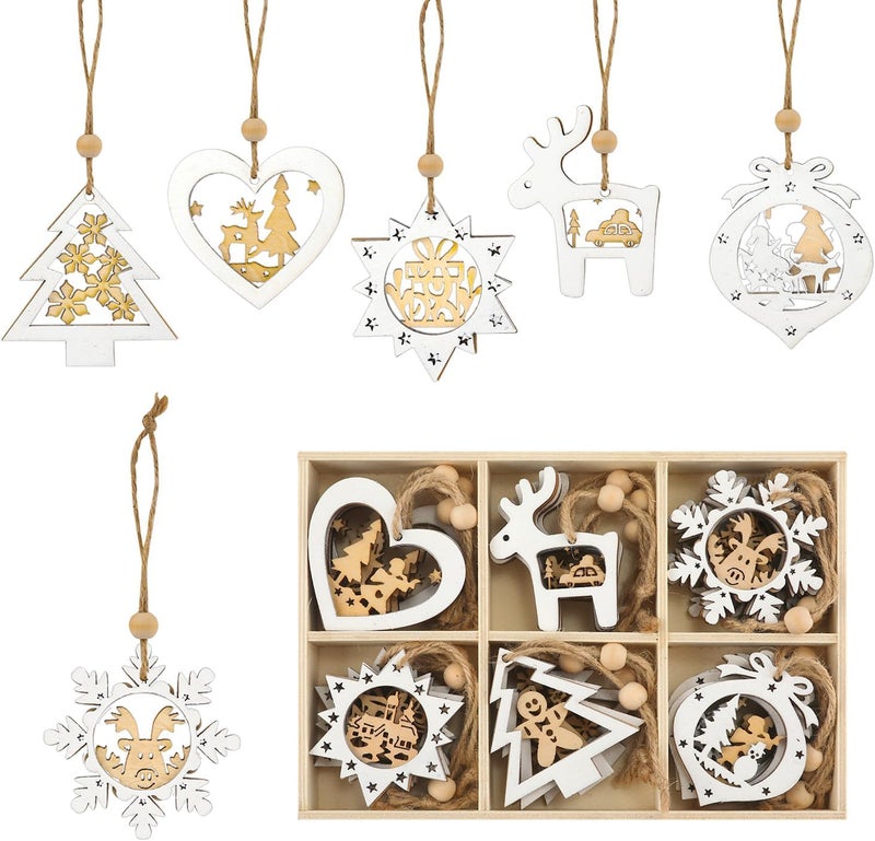 SYOSI Wooden Christmas Tree Ornaments, 3D Farmhouse Snowflake, Reindeer, Snowman Hanging Decorations, 6 Shapes Winter Xmas Crafts for Party, Holiday Tree Decor, 24 Pcs - Image 1