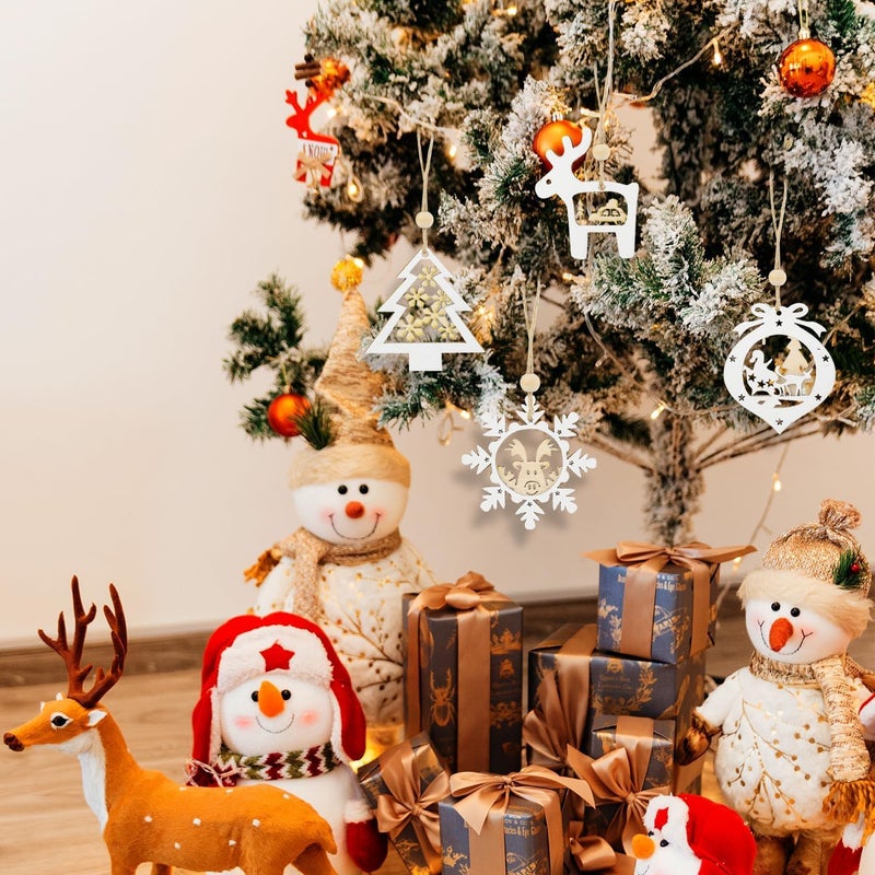 SYOSI Wooden Christmas Tree Ornaments, 3D Farmhouse Snowflake, Reindeer, Snowman Hanging Decorations, 6 Shapes Winter Xmas Crafts for Party, Holiday Tree Decor, 24 Pcs - Image 4