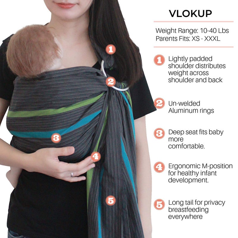 Vlokup Ring Sling Baby Carrier, Soft Linen Cotton Baby Sling Carrier Newborn to Toddler, Baby Wrap Carrier for Plus Size Parents, Perfect Shower Gift, Lightly Padded Adjustable Nursing Cover Green - Image 2