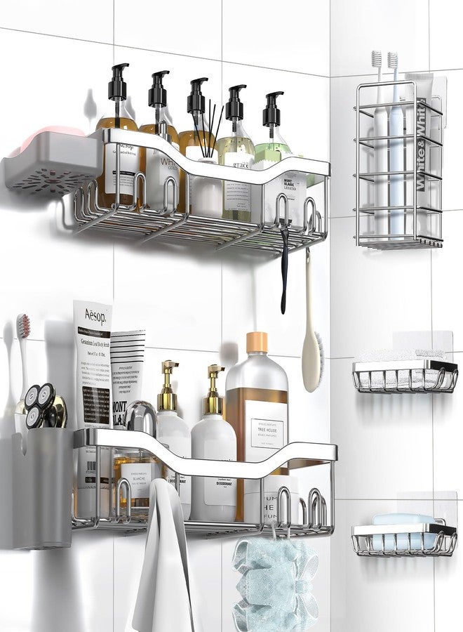 NESOMI Shower Caddy Adhesive Shower Organizer 7-Pack, Rustproof Stainless Steel Bathroom Shelves, Large Capacity No-Drill Rack Storage Accessories with Soap Dish Toothbrush Holder Hooks (Silver) - Image 1