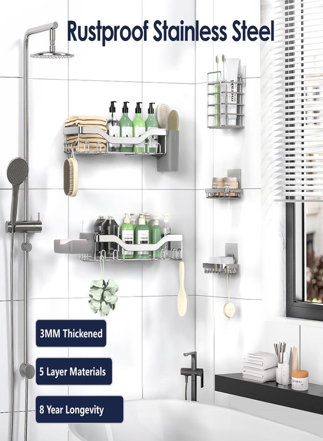 NESOMI Shower Caddy Adhesive Shower Organizer 7-Pack, Rustproof Stainless Steel Bathroom Shelves, Large Capacity No-Drill Rack Storage Accessories with Soap Dish Toothbrush Holder Hooks (Silver) - Image 5
