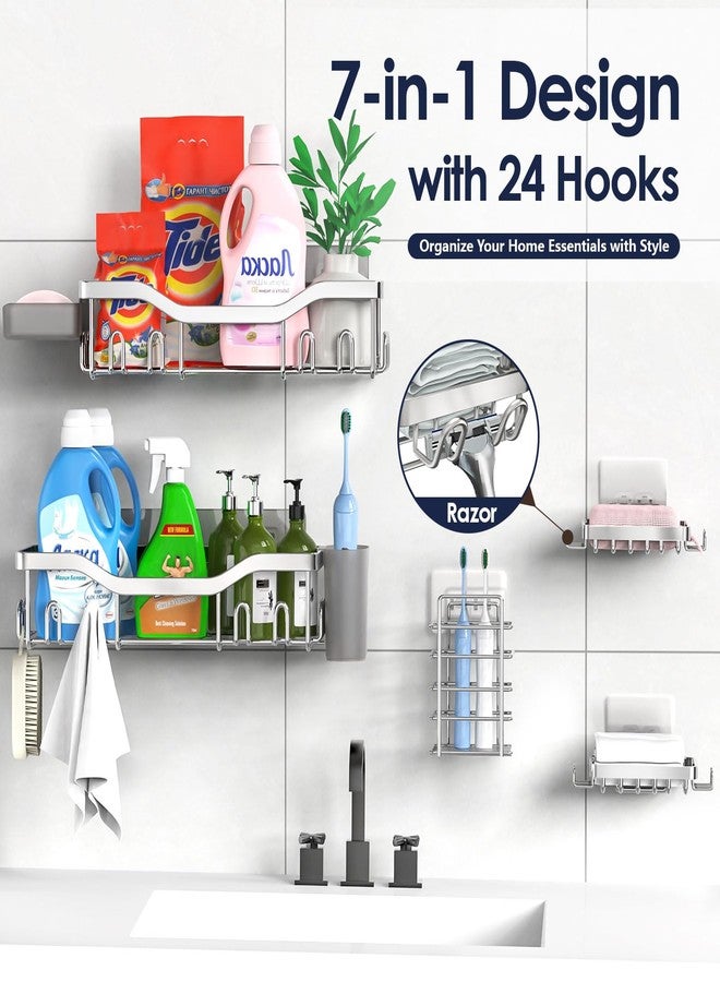 NESOMI Shower Caddy Adhesive Shower Organizer 7-Pack, Rustproof Stainless Steel Bathroom Shelves, Large Capacity No-Drill Rack Storage Accessories with Soap Dish Toothbrush Holder Hooks (Silver) - Image 4
