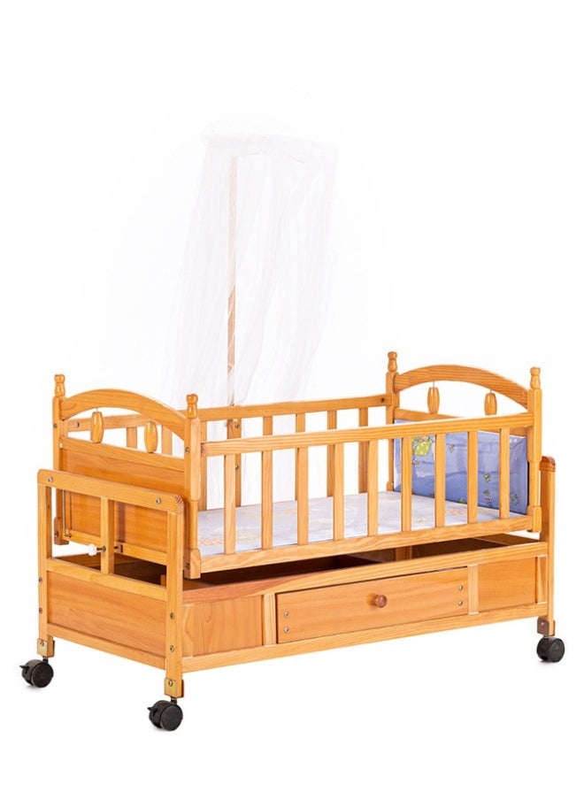 XiuWoo Multifunctional Splicable Newborn Bed Baby Crib Solid Wood Paintless Cradle Baby Bed With Encrypted Mosquito Net- Wood Color  - Image 1