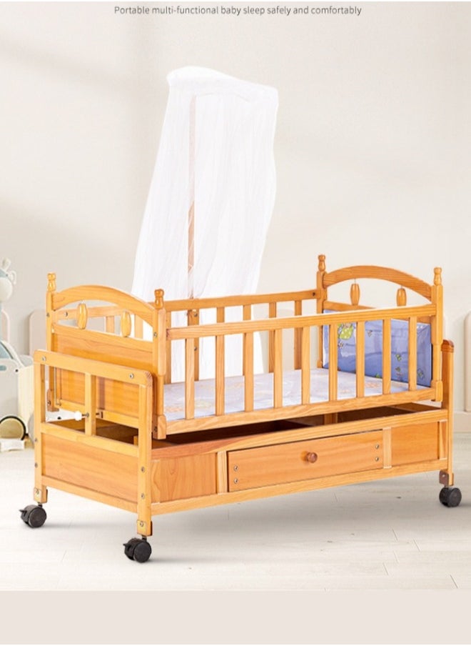 XiuWoo Multifunctional Splicable Newborn Bed Baby Crib Solid Wood Paintless Cradle Baby Bed With Encrypted Mosquito Net- Wood Color  - Image 2