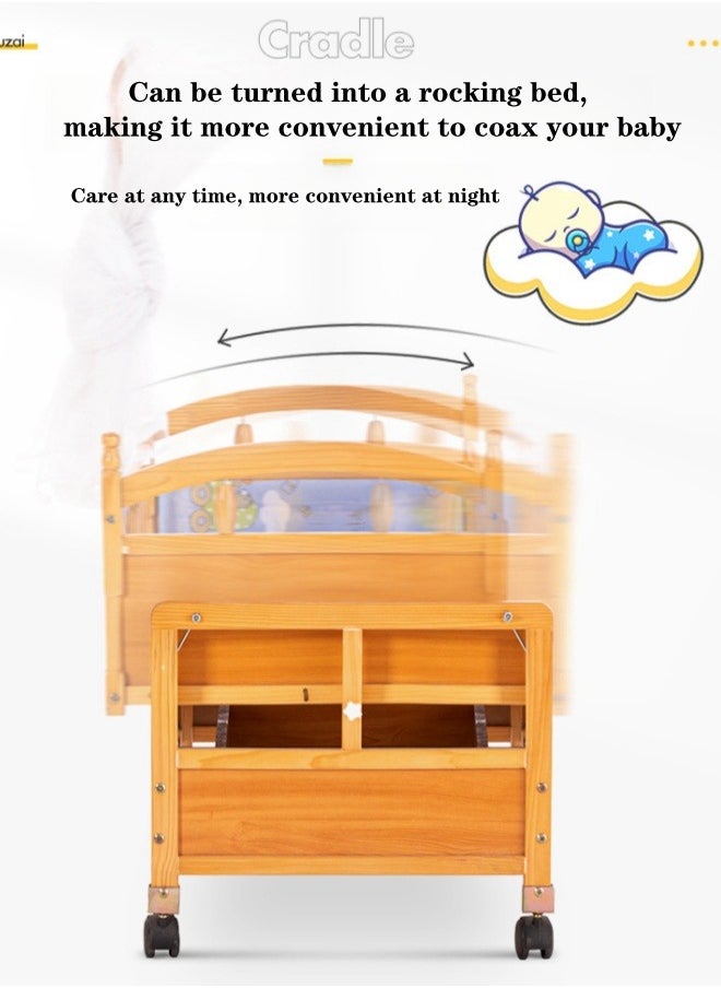 XiuWoo Multifunctional Splicable Newborn Bed Baby Crib Solid Wood Paintless Cradle Baby Bed With Encrypted Mosquito Net- Wood Color  - Image 4