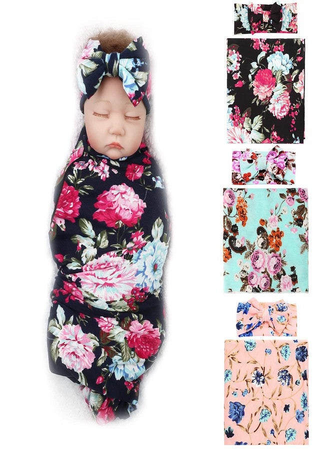 DRESHOW BQUBO Newborn Floral Receiving Blankets 3 Sets Newborn Baby Swaddling with Bow Headbands Sleepsack Toddler Warm Shower Gift - Image 1