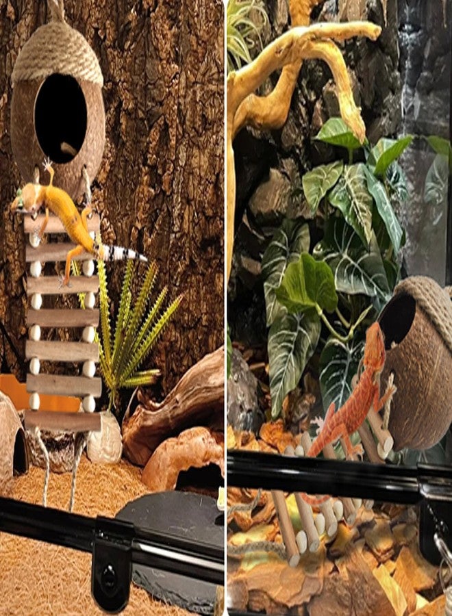 MUYG Lizard Coco Den with Ladder,5PCS Leopard Gecko Tank Accessories Reptile Terrarium Plants Hammock Coconut Hut Hide Hanging Reptile Decor for Crested Gecko,Baby Bearded Dragon,Chameleon,Snake - Image 2