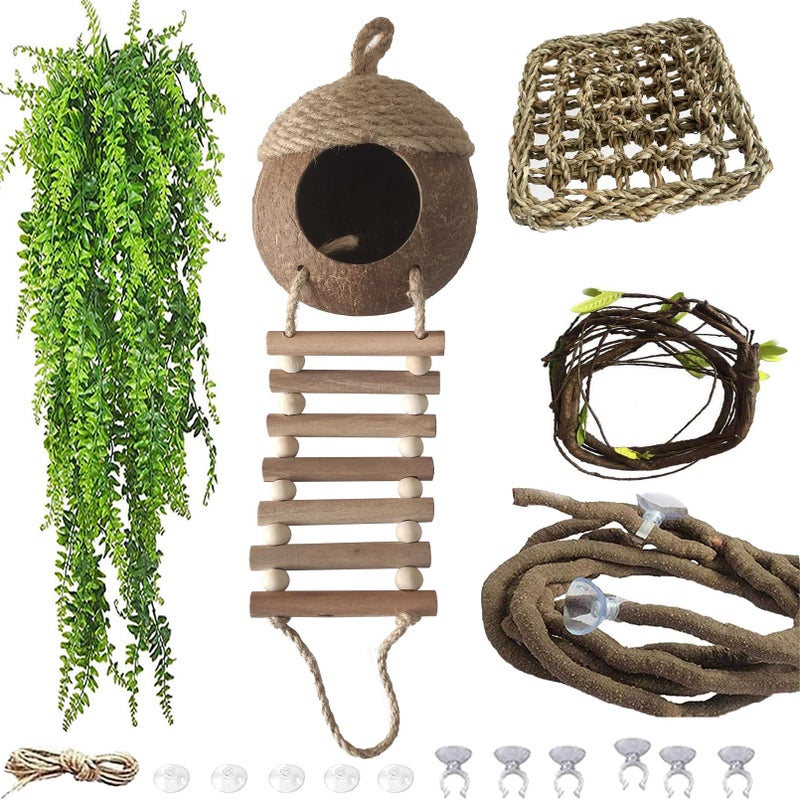MUYG Lizard Coco Den with Ladder,5PCS Leopard Gecko Tank Accessories Reptile Terrarium Plants Hammock Coconut Hut Hide Hanging Reptile Decor for Crested Gecko,Baby Bearded Dragon,Chameleon,Snake - Image 1