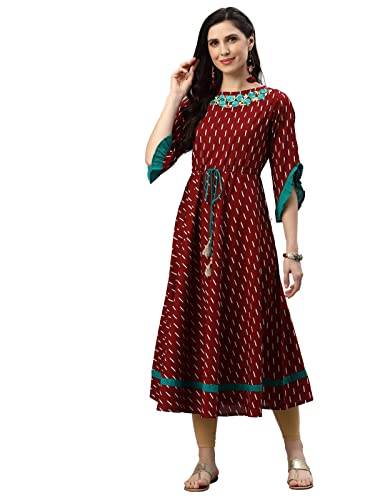 Yash Gallery Women's Cotton Embroidered Print Flared Calf-Length Kurti Dress for Girl (Maroon,XXL) - Image 3