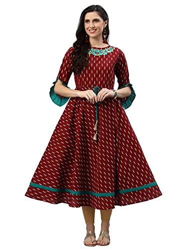 Yash Gallery Women's Cotton Embroidered Print Flared Calf-Length Kurti Dress for Girl (Maroon,XXL) - Image 1