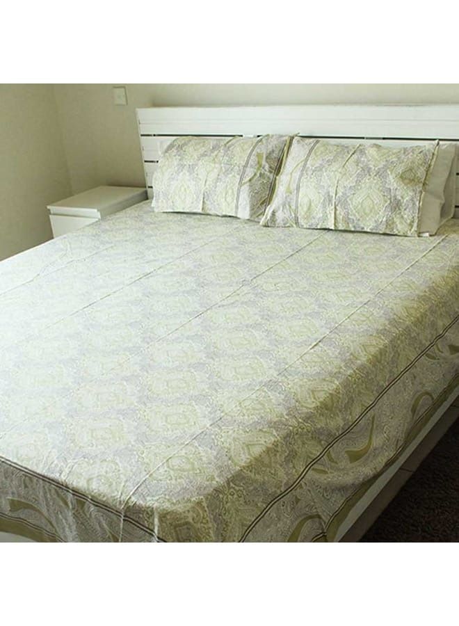 IndiaWeaves Bedsheet and 2 pillow covers henna green and grey print - Image 1