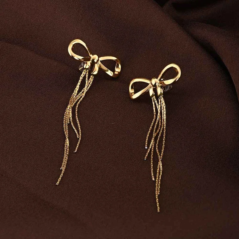 بالموناس PALMONAS 18k Gold Tone Plated Gold Bow and Tassel Dangler Earrings
 for Women