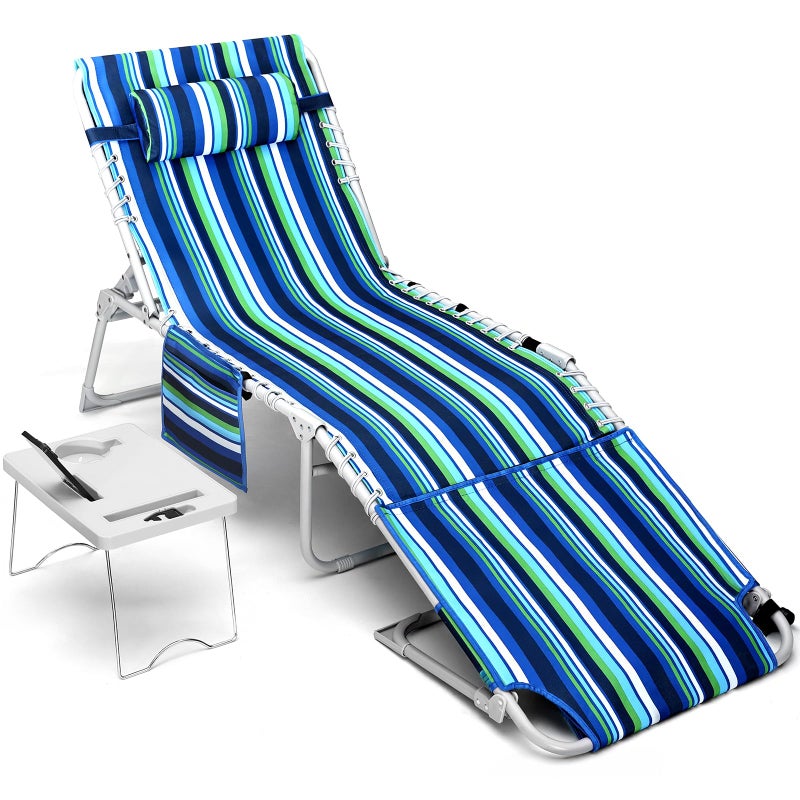 Yestomo 3-in-1 Beach Chair Face Holes, Lounge Chair Outdoor with Folding Side Table, 5-Position Recliner, Lay Flat, Removable Pillow, Heavy Duty, Max 330lbs, Poolside, Patio, Camping, Backyard Striped Blue - Image 1